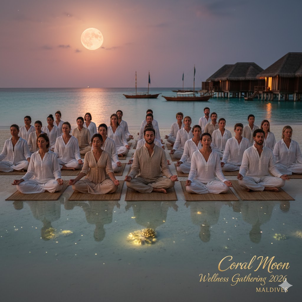 Participants meditating by lagoon during Coral Moon Wellness Gathering 2026 Maldives