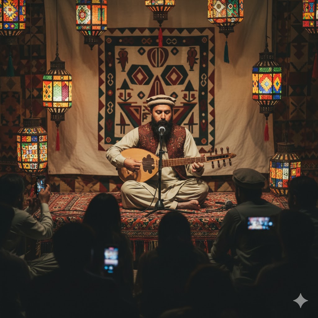Pashto rabab artist performing at a cultural night in Peshawar Pashto rabab artist performing at a cultural night in Peshawar