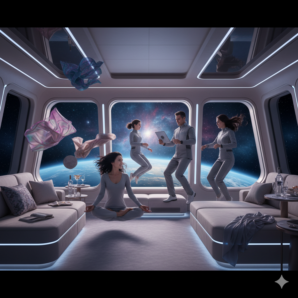 Passengers in zero gravity inside a luxury space cruise suite