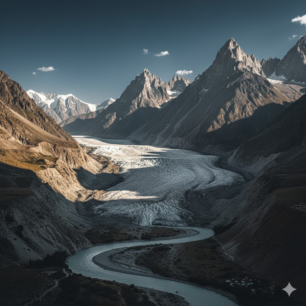 Passu Glacier surrounded by jagged Passu Cones with the Hunza River visible in the foreground. Passu Glacier surrounded by jagged Passu Cones with the Hunza River visible in the foreground.