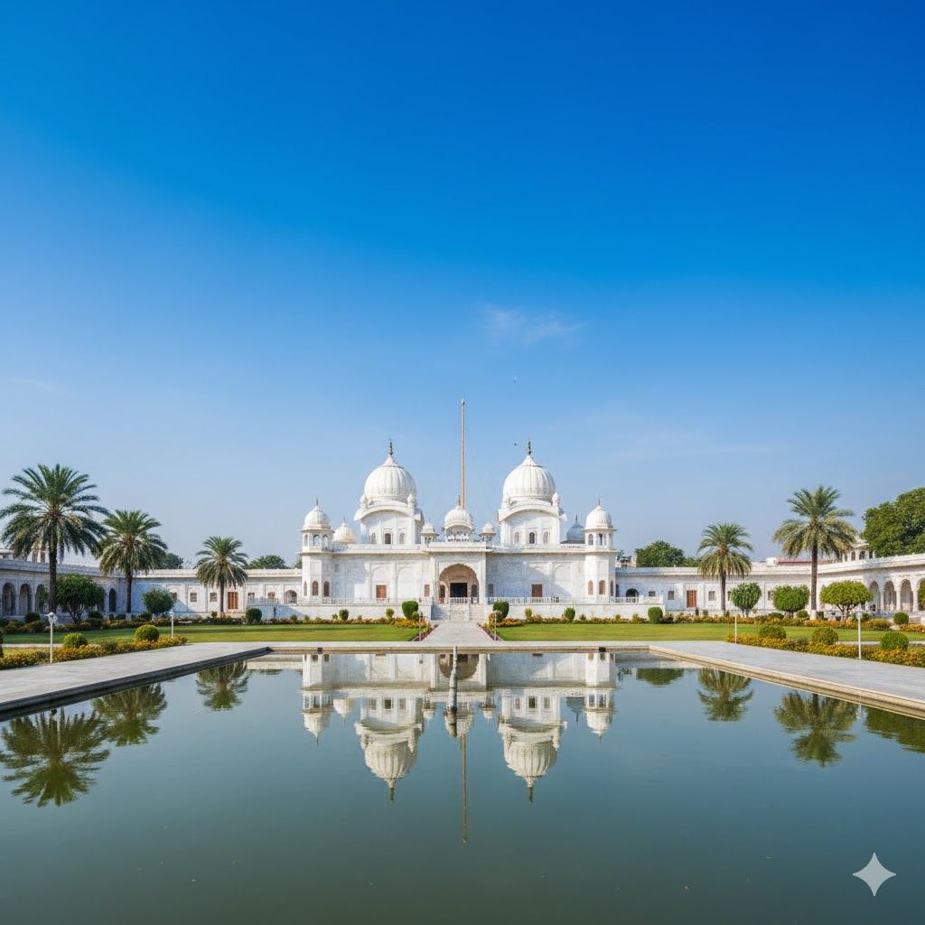 Peaceful Gurdwara Bhai Bannu in Bahawalnagar District with white domes under clear blue sky.