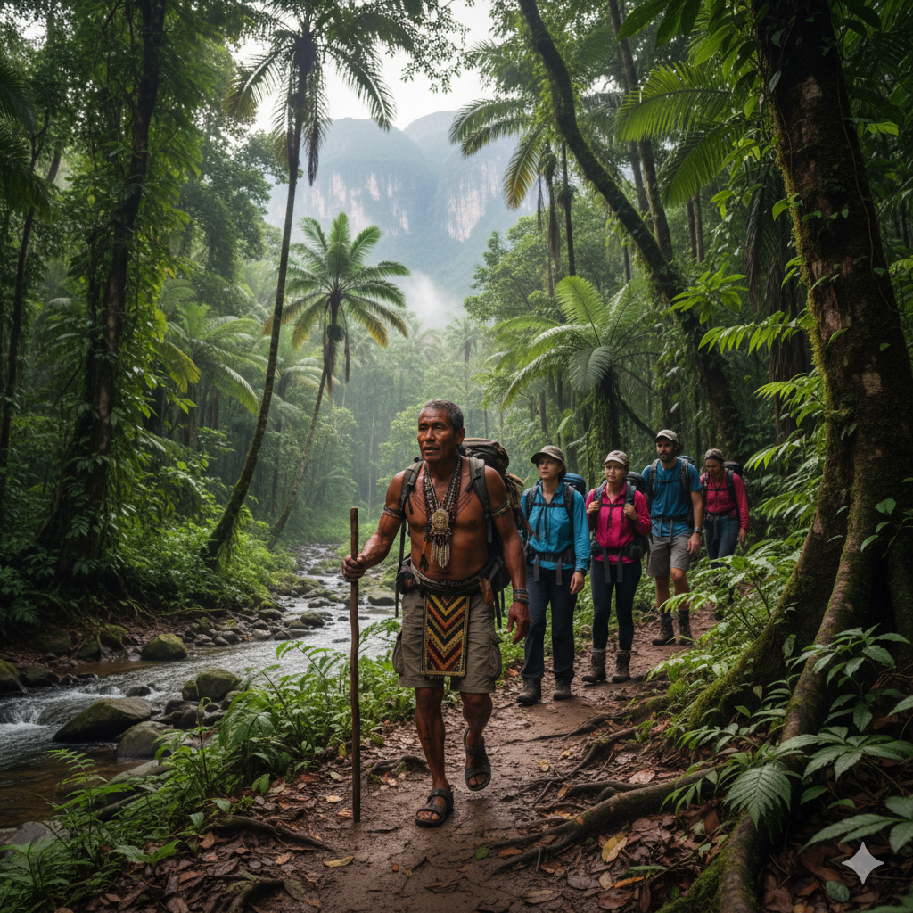 Pemon indigenous guide leading trek through Canaima jungle