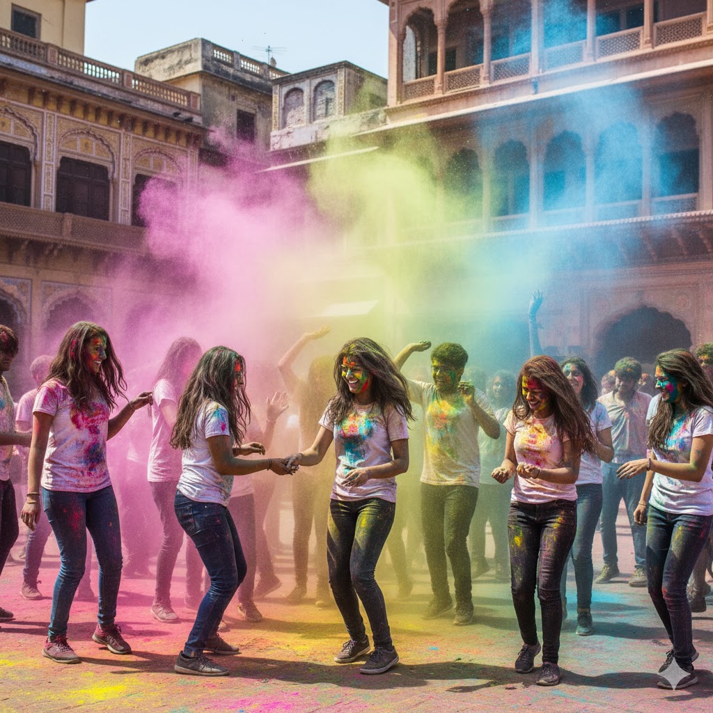 People celebrating Holi, covered in bright pink, blue, and yellow colors