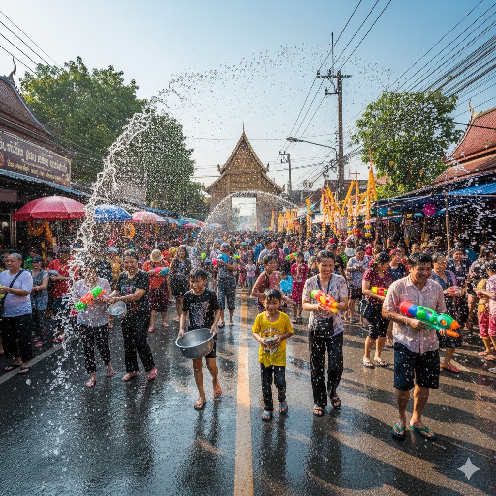People celebrating Songkran by splashing water in Chiang Mai streets