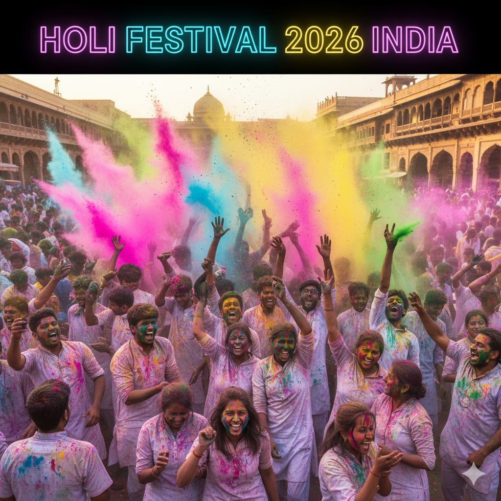 People covered in bright colors celebrating Holi Festival 2026 in India