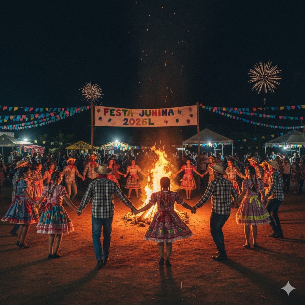 People dancing around bonfire during Festa Junina 2026 in Brazil