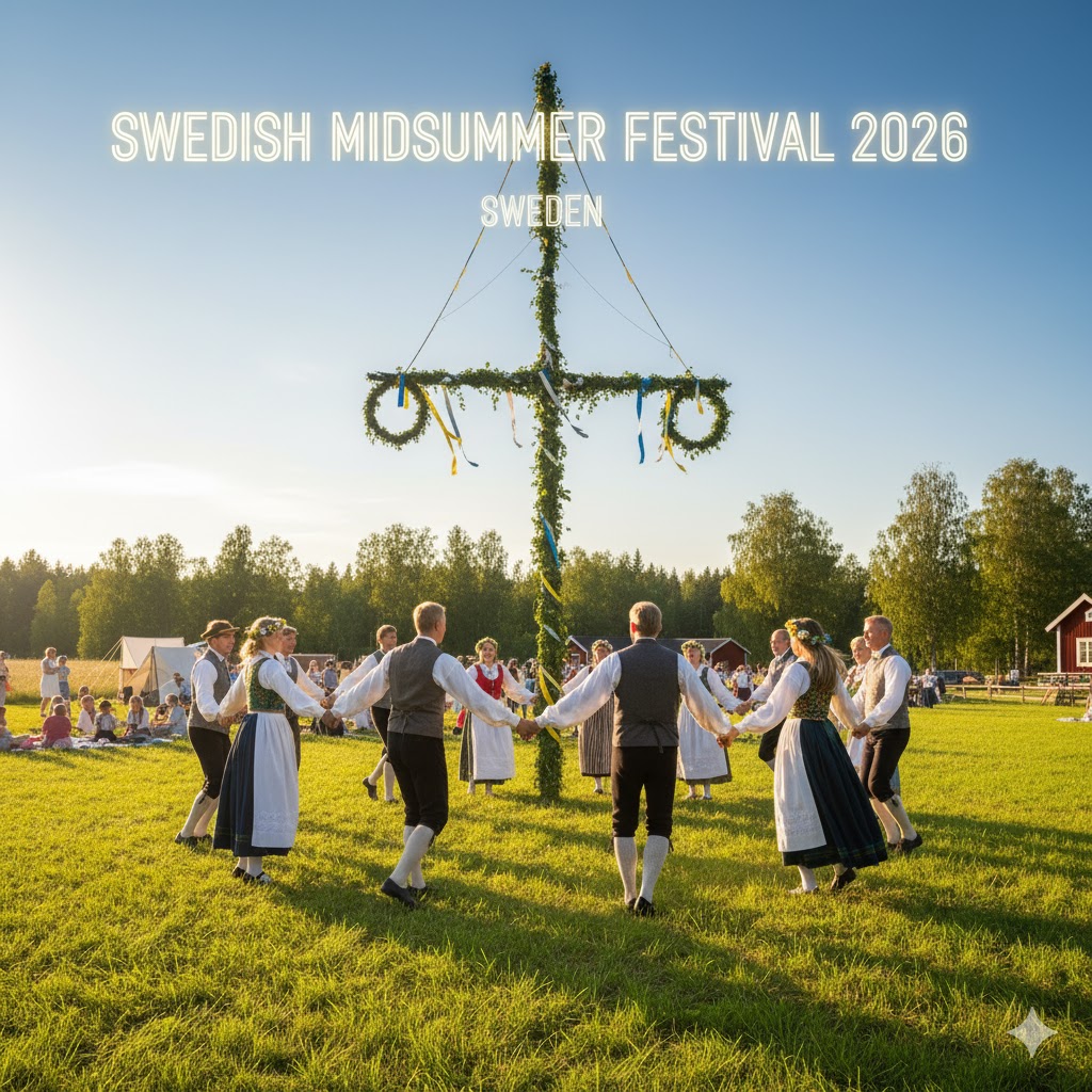 People dancing around maypole at Swedish Midsummer Festival 2026