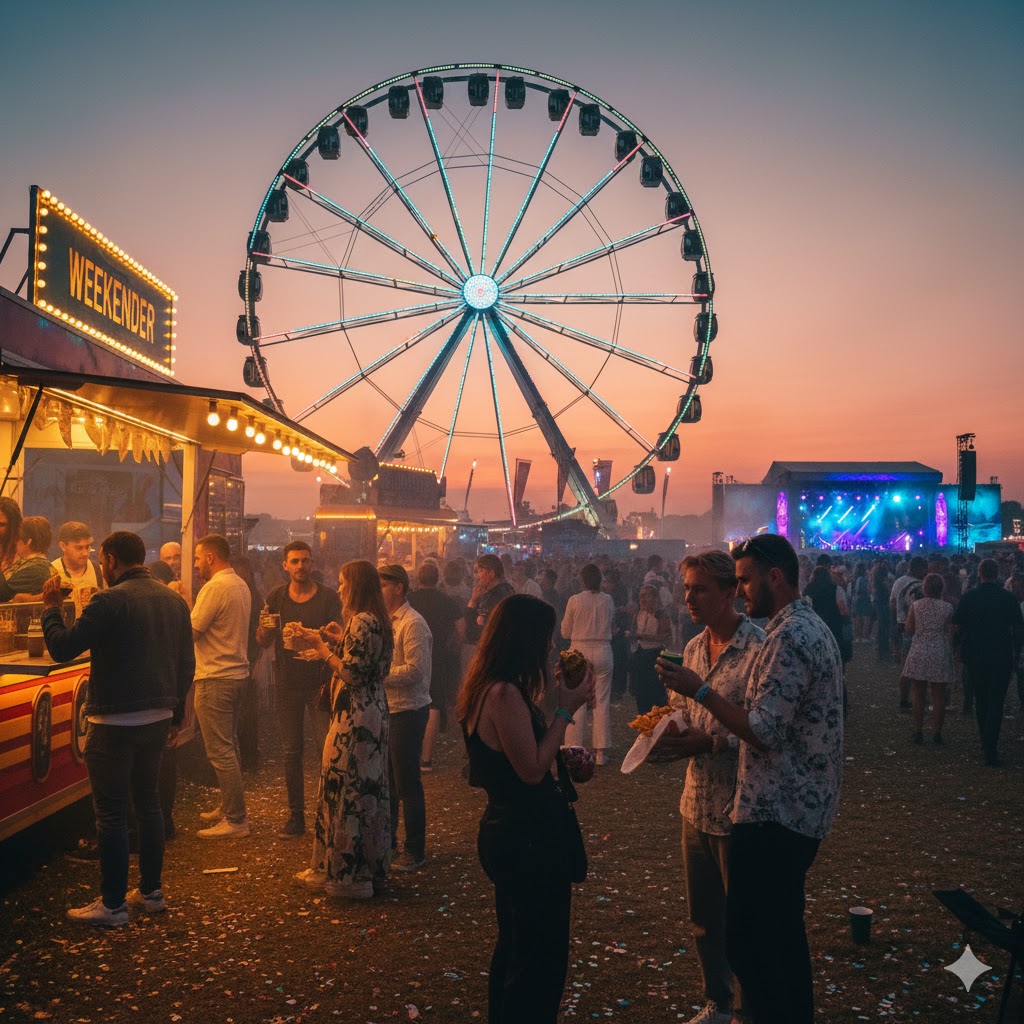People enjoying food trucks and Ferris wheel at Neighbourhood Weekender.