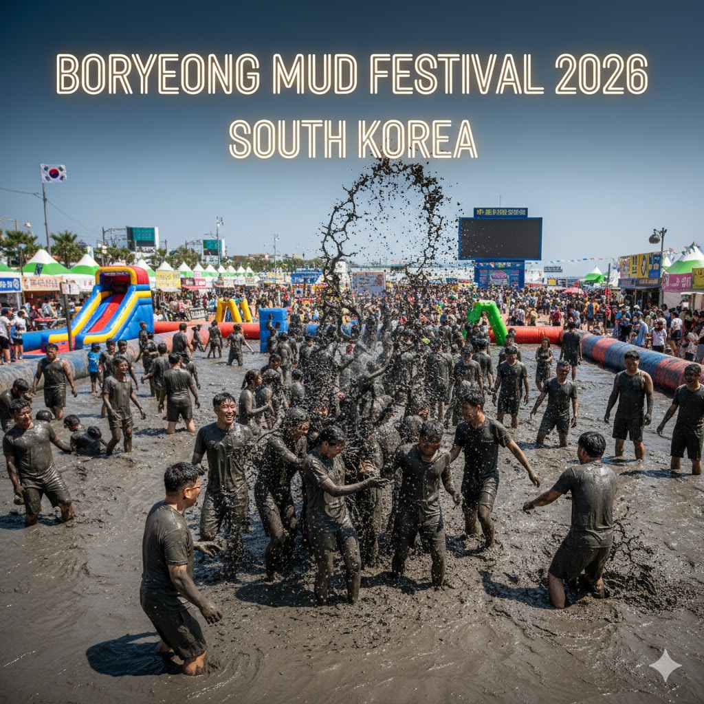 People enjoying mud games at Boryeong Mud Festival 2026 in South Korea