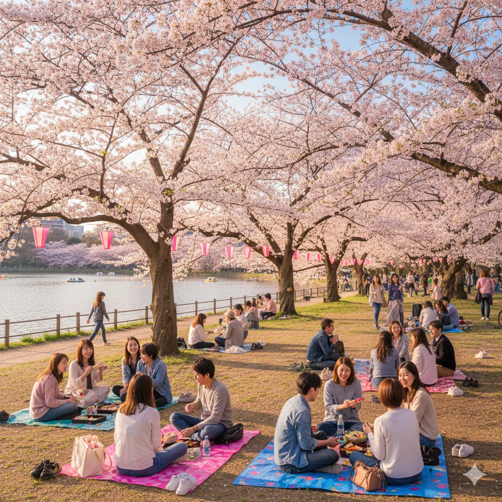 People enjoying picnic under cherry blossoms near Tokyo’s Ueno Park lake