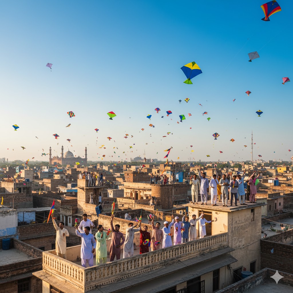 People flying colorful kites on rooftops during Basant Festival in Lahore, Punjab.