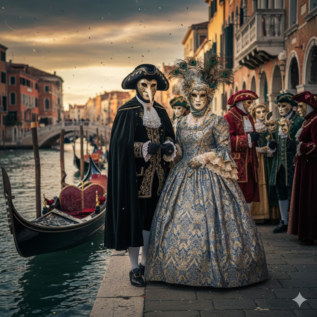 People in ornate masks posing near gondolas during Venice Carnival 2026.