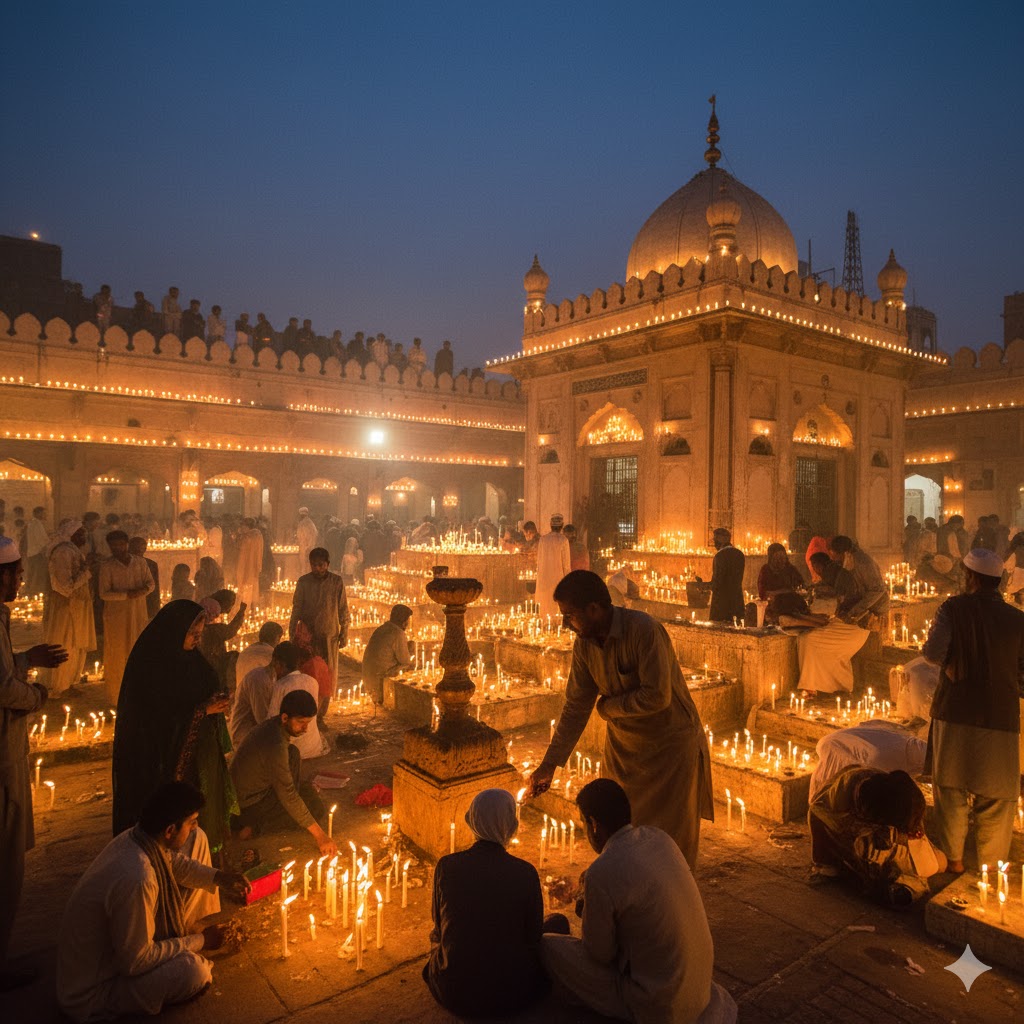 People lighting candles around a Sufi shrine during Mela Chiraghan in Lahore