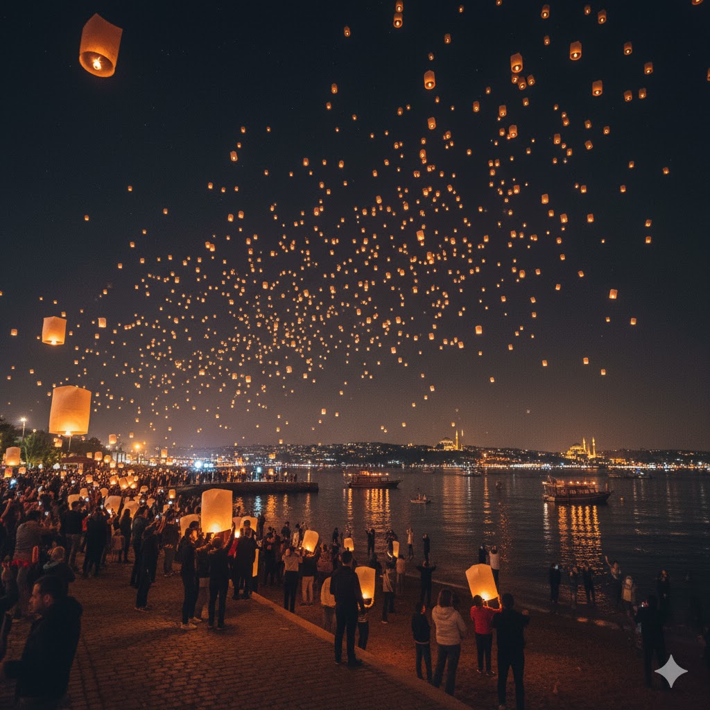 People releasing floating lanterns during Night of Wishes Turkey.