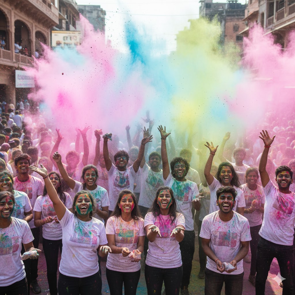 People throwing bright Holi powders in the air, joyful crowd celebrating spring festival.
