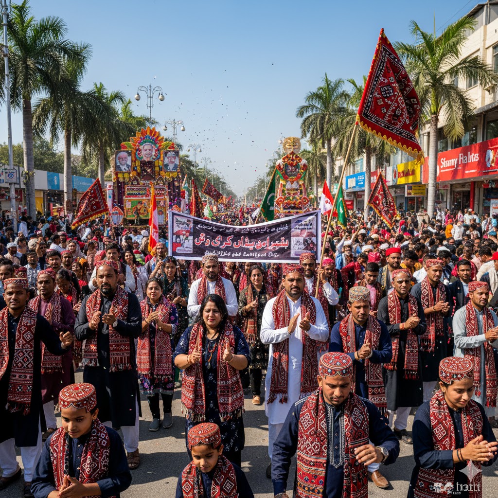 People wearing Ajrak and Sindhi Topi during Sindh Cultural Day parade in Karachi