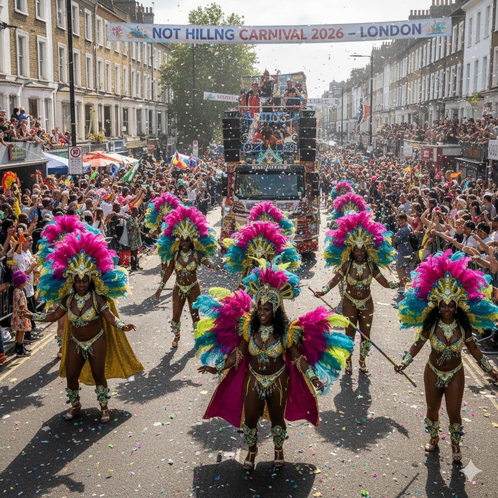 Performers dancing during Notting Hill Carnival 2026 in London