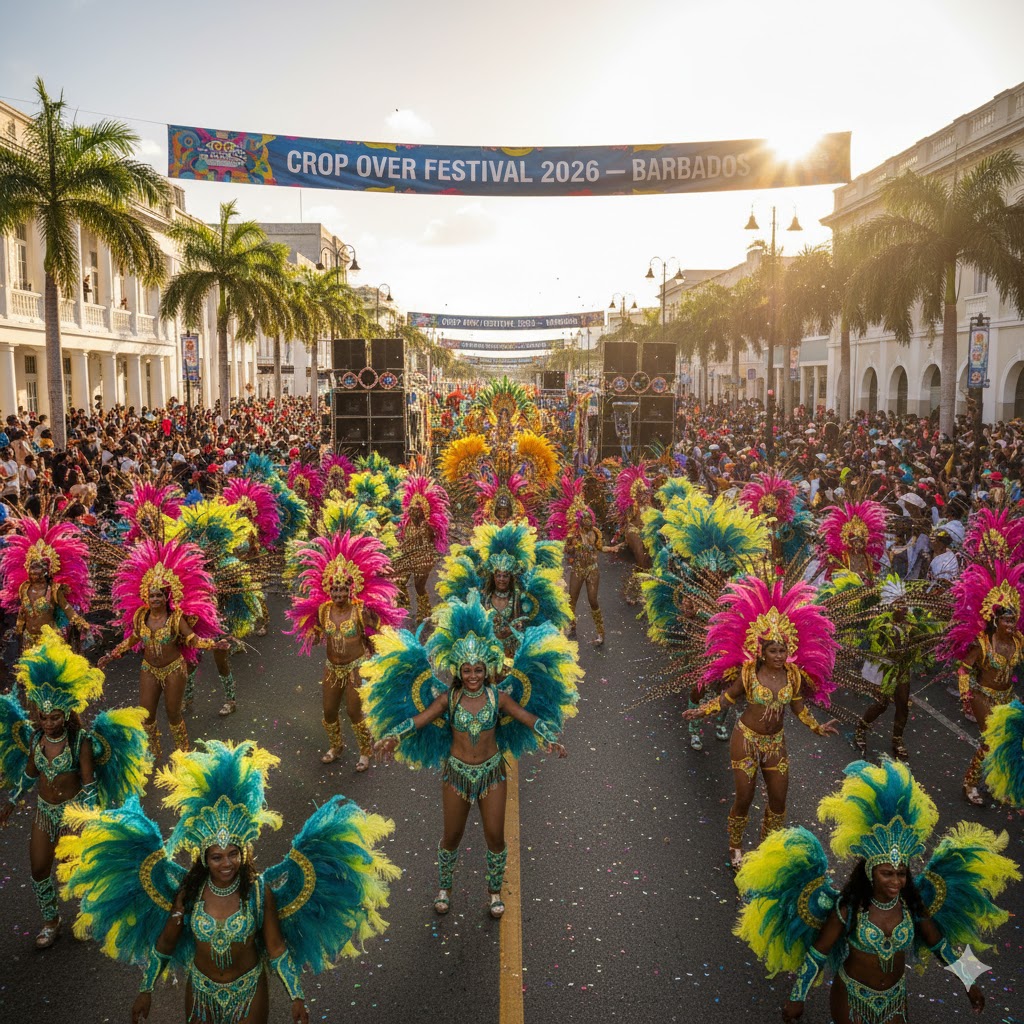 Performers in feathered costumes at Crop Over Festival 2026 in Barbados