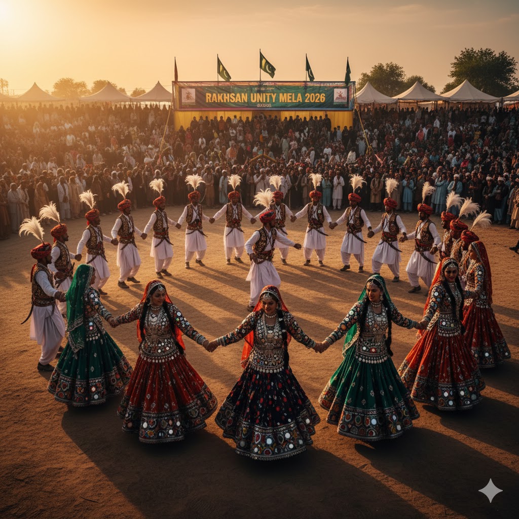 Performers in traditional attire dancing at Rakhshan Unity Mela 2026