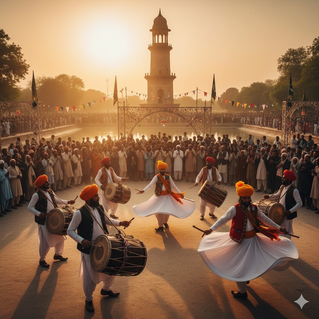 Performers playing dhol and dancing during Sufi Rang festival at Hiran Minar, Punjab