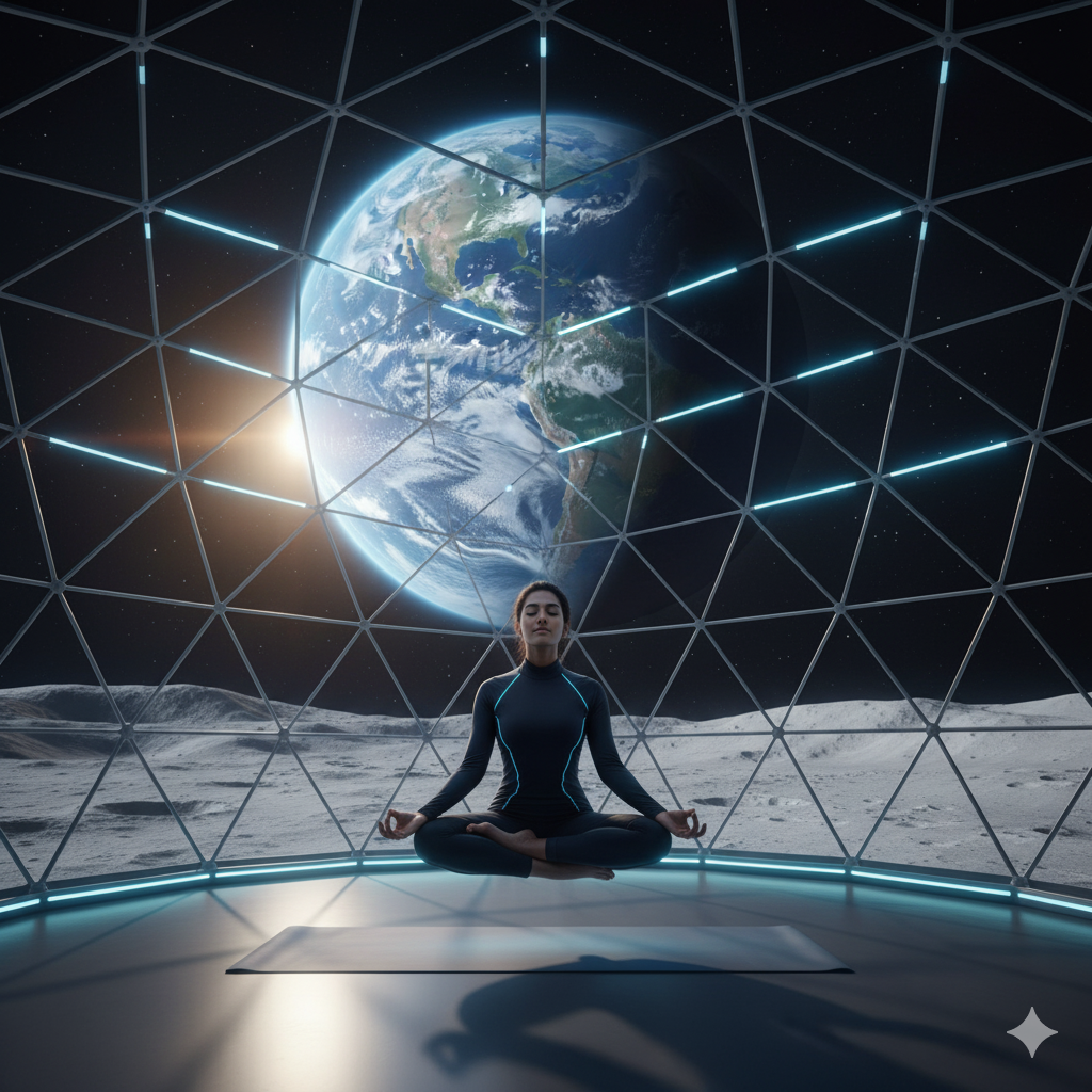 Person practicing yoga under lunar dome with Earth visible in the sky
