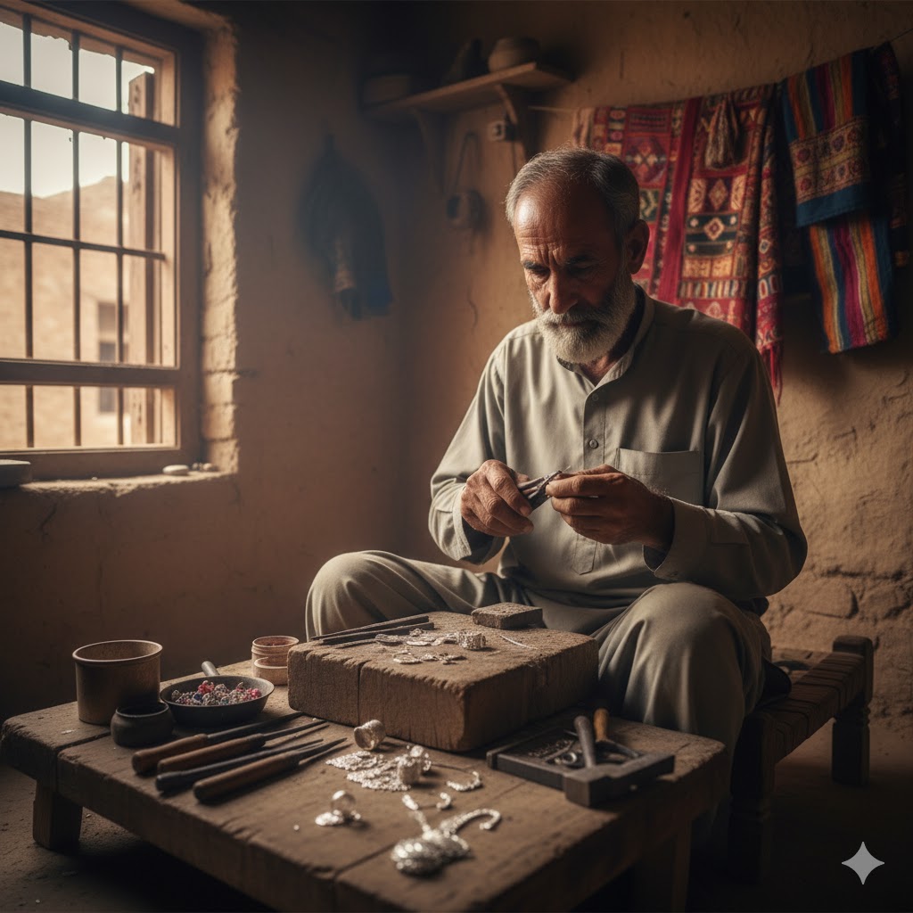 Peshawar artisan crafting silver jewelry in a small village workshop.