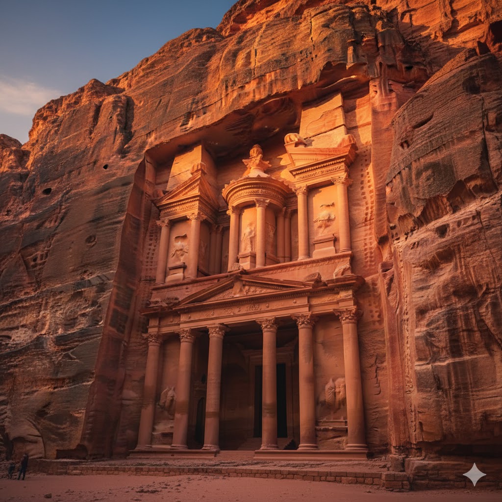 Petra’s Treasury glowing in golden evening light surrounded by sandstone cliffs