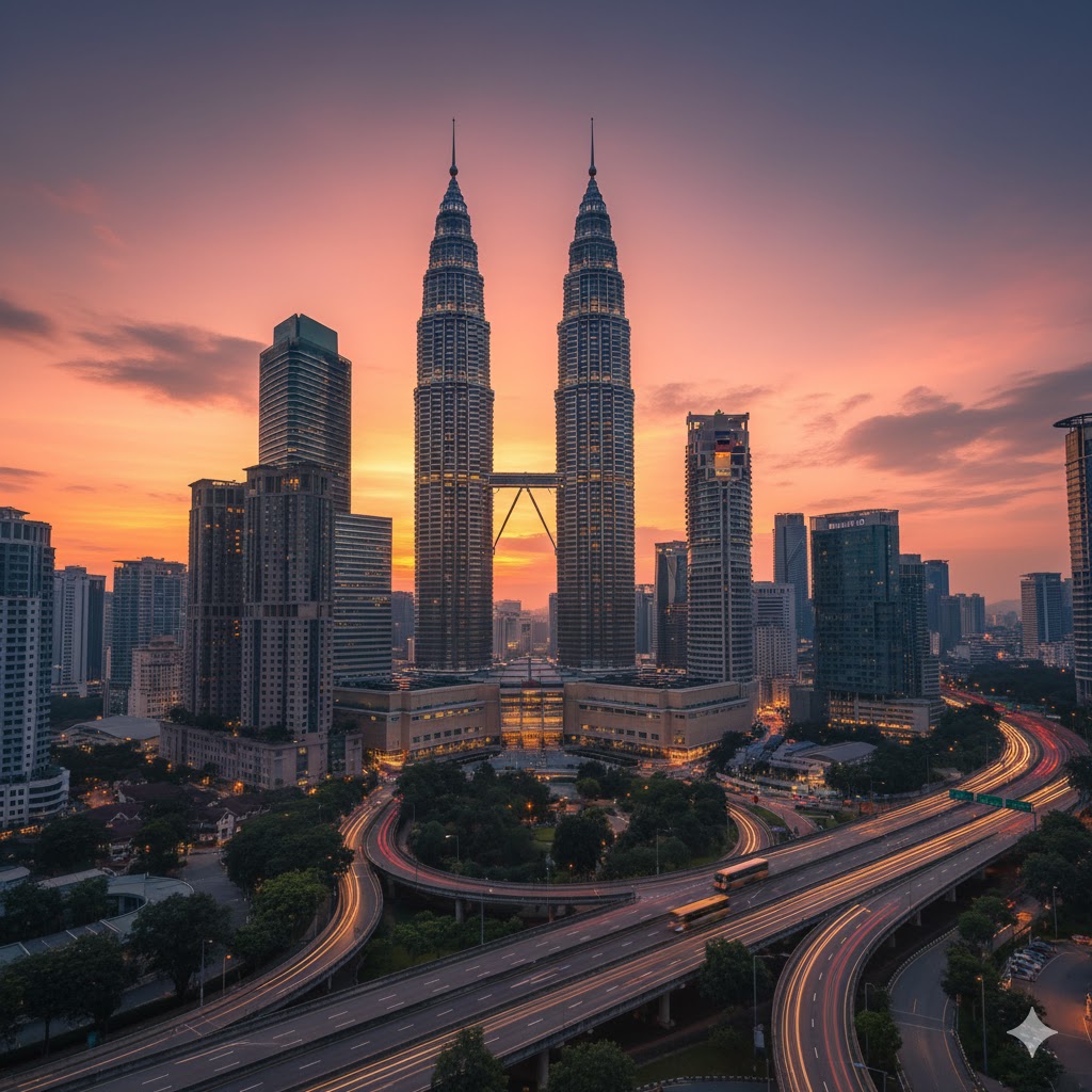 Petronas Towers skyline at sunset, Kuala Lumpur, Malaysia