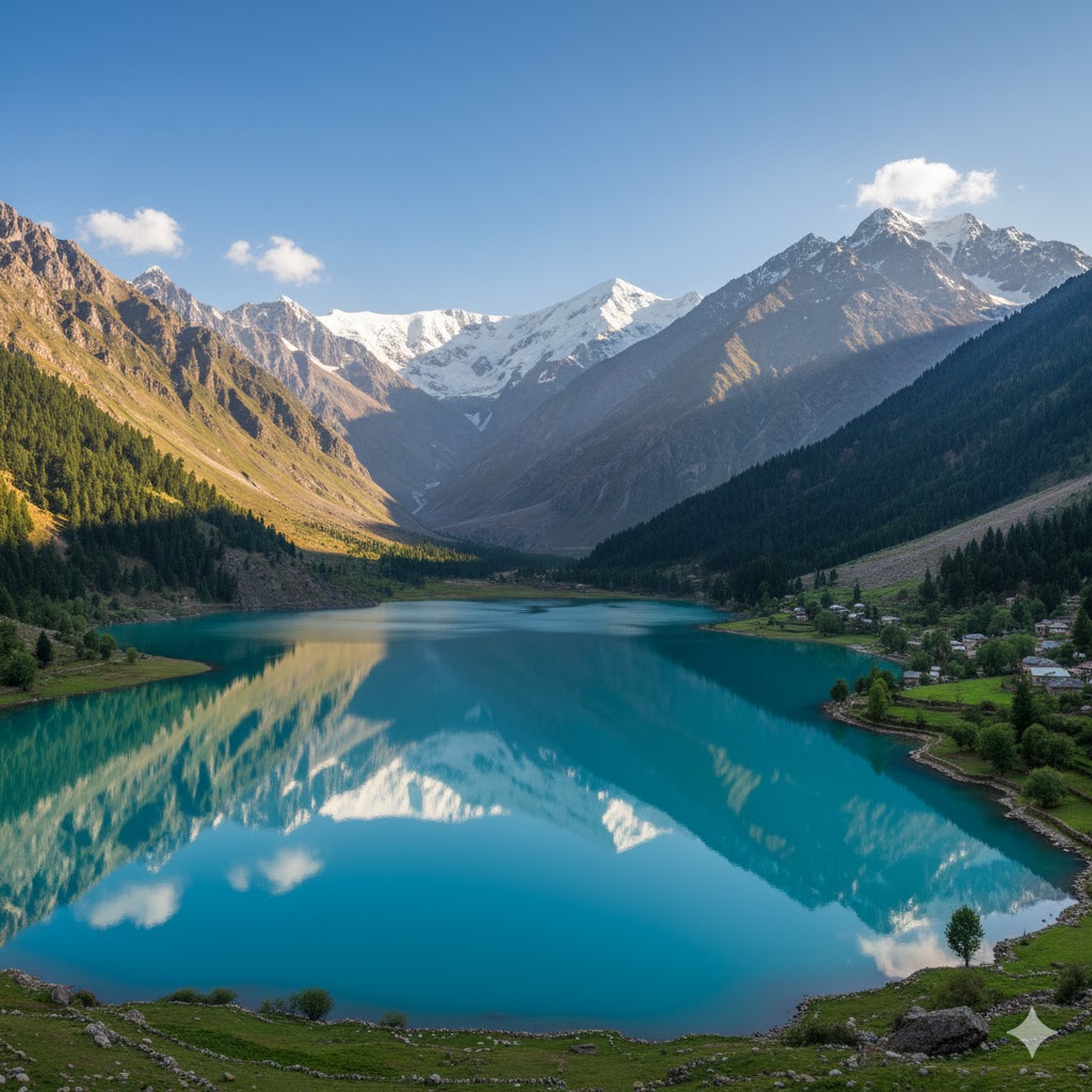 Phander Valley turquoise lake surrounded by mountains. 