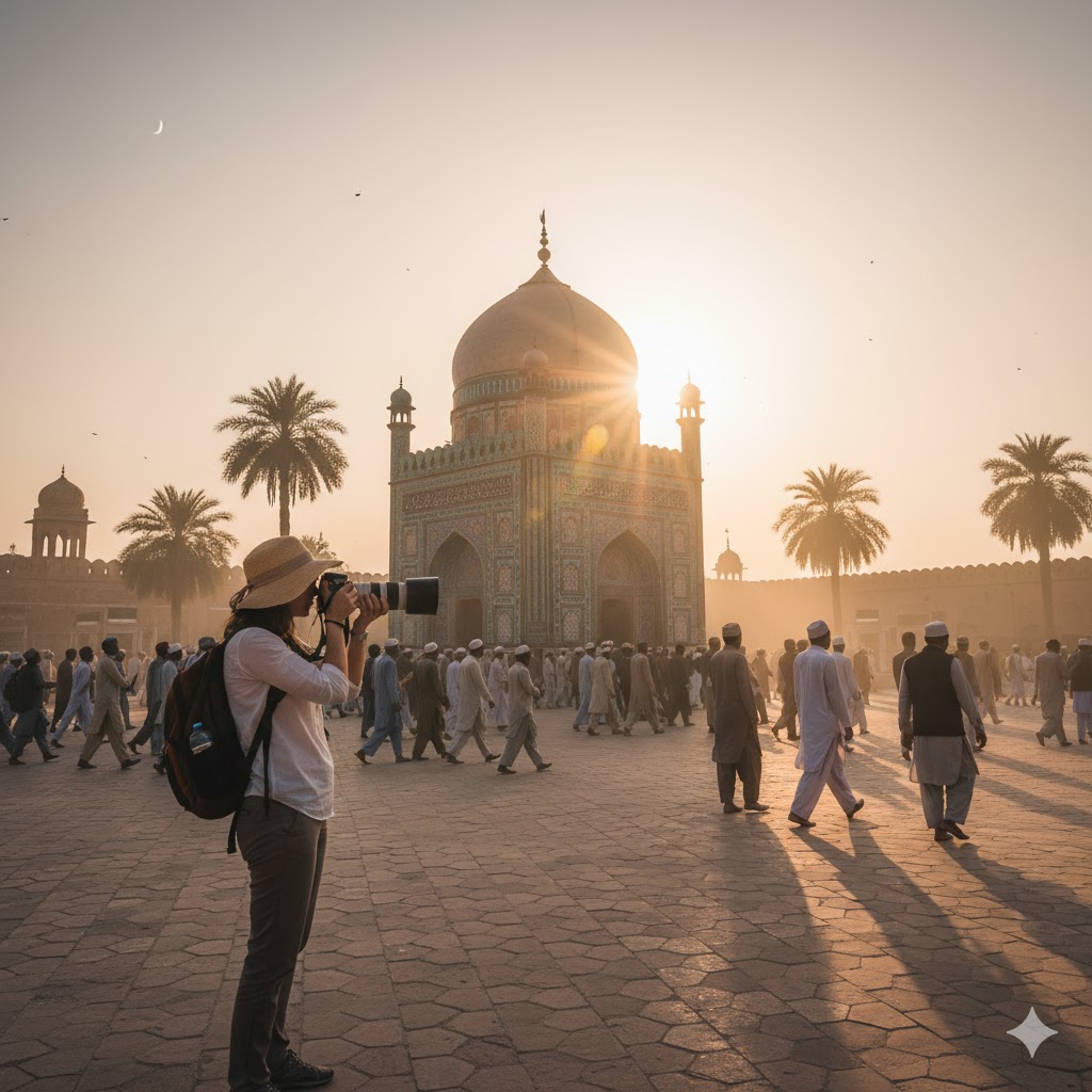 Photographer capturing devotees at Shah Rukn-e-Alam Shrine during golden hour in Multan Photographer capturing devotees at Shah Rukn-e-Alam Shrine during golden hour in Multan