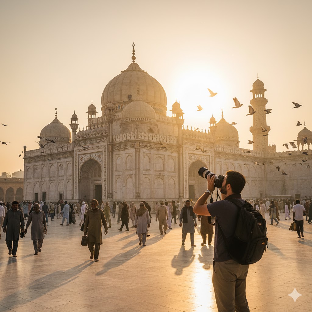 Photographer capturing golden sunlight on Lahore shrine domes with devotees walking by