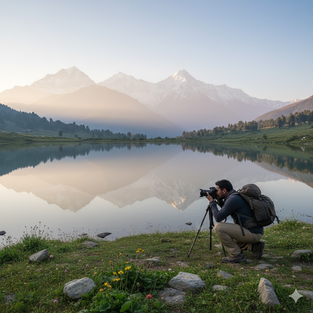 Photographer capturing sunrise reflection at Rainbow Lake, Gilgit-Baltistan.
