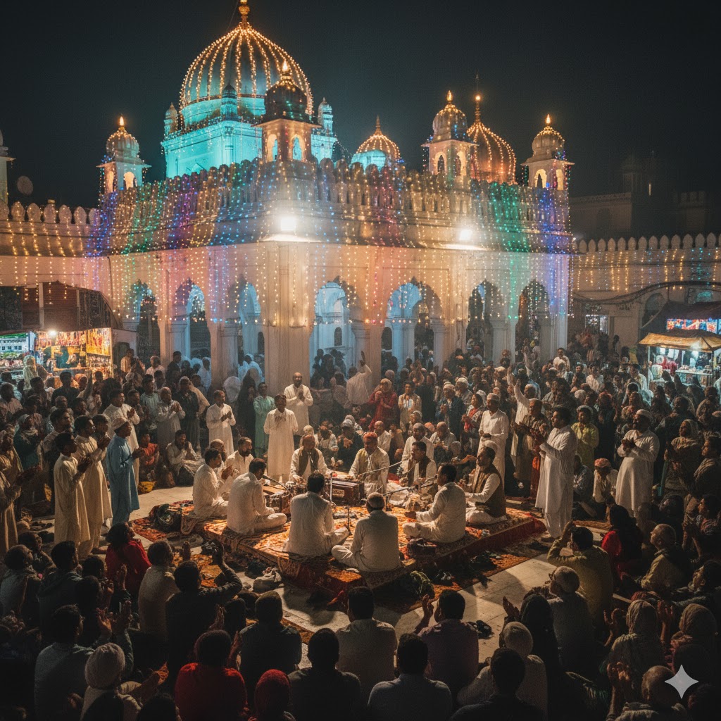 Pilgrims and qawwali performers under colorful lights at the shrine of Shah Abdul Latif Bhitai during Urs celebrations.