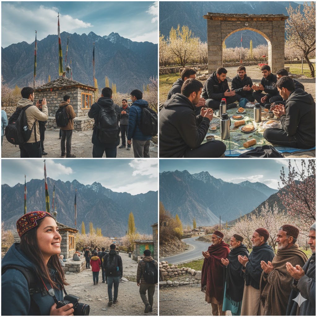 Pilgrims and travelers gathered near Baba Ghundi Shrine under blue mountain skies in Upper Hunza Pilgrims and travelers gathered near Baba Ghundi Shrine under blue mountain skies in Upper Hunza