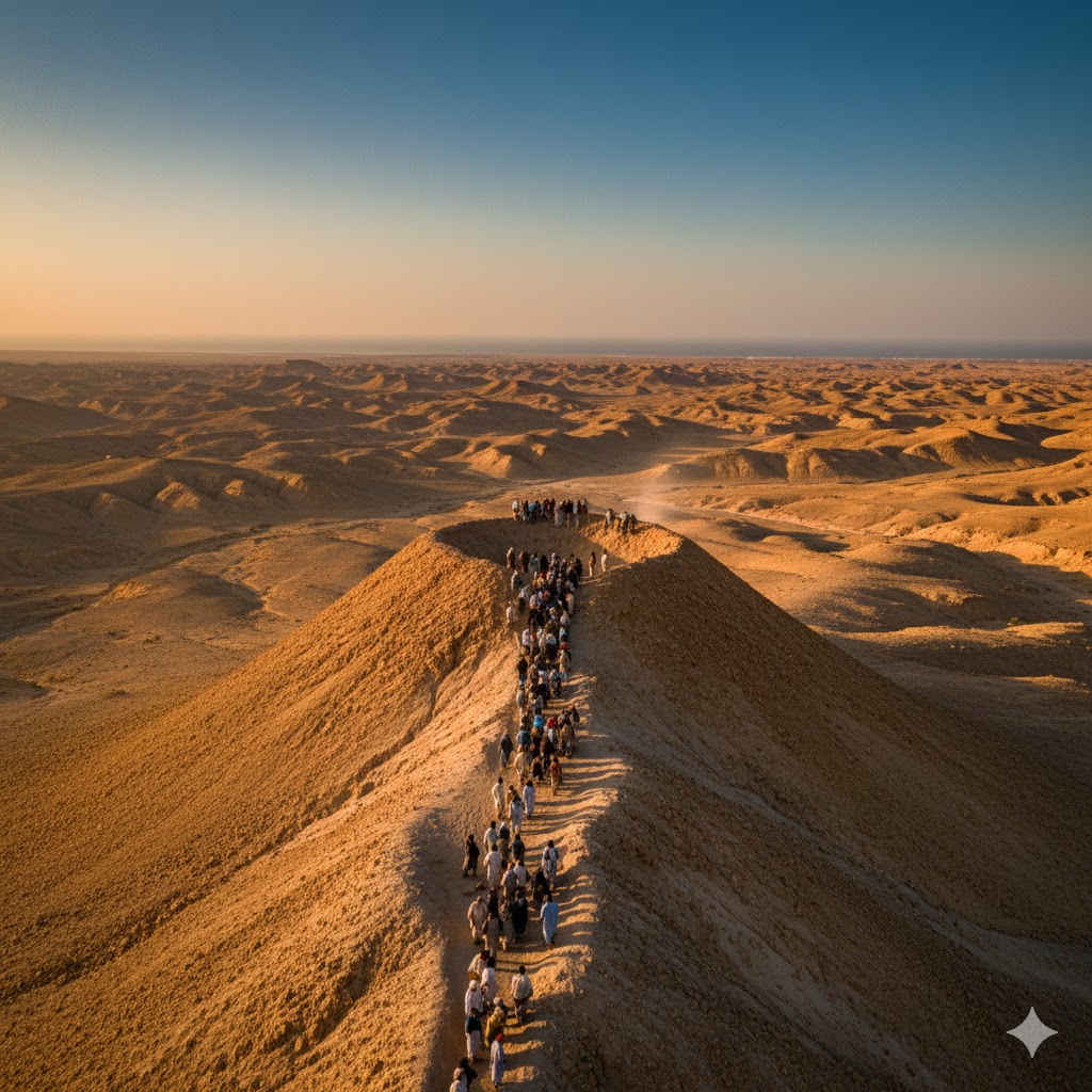 Pilgrims ascending Baba Chandrakup Volcano amid desert landscape during Hingol Festival 2026