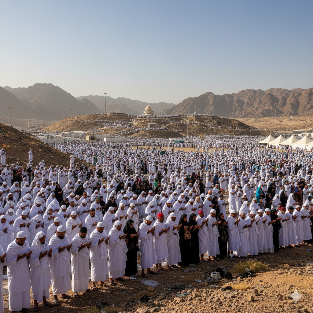 Pilgrims in white attire praying on Arafah day in Makkah