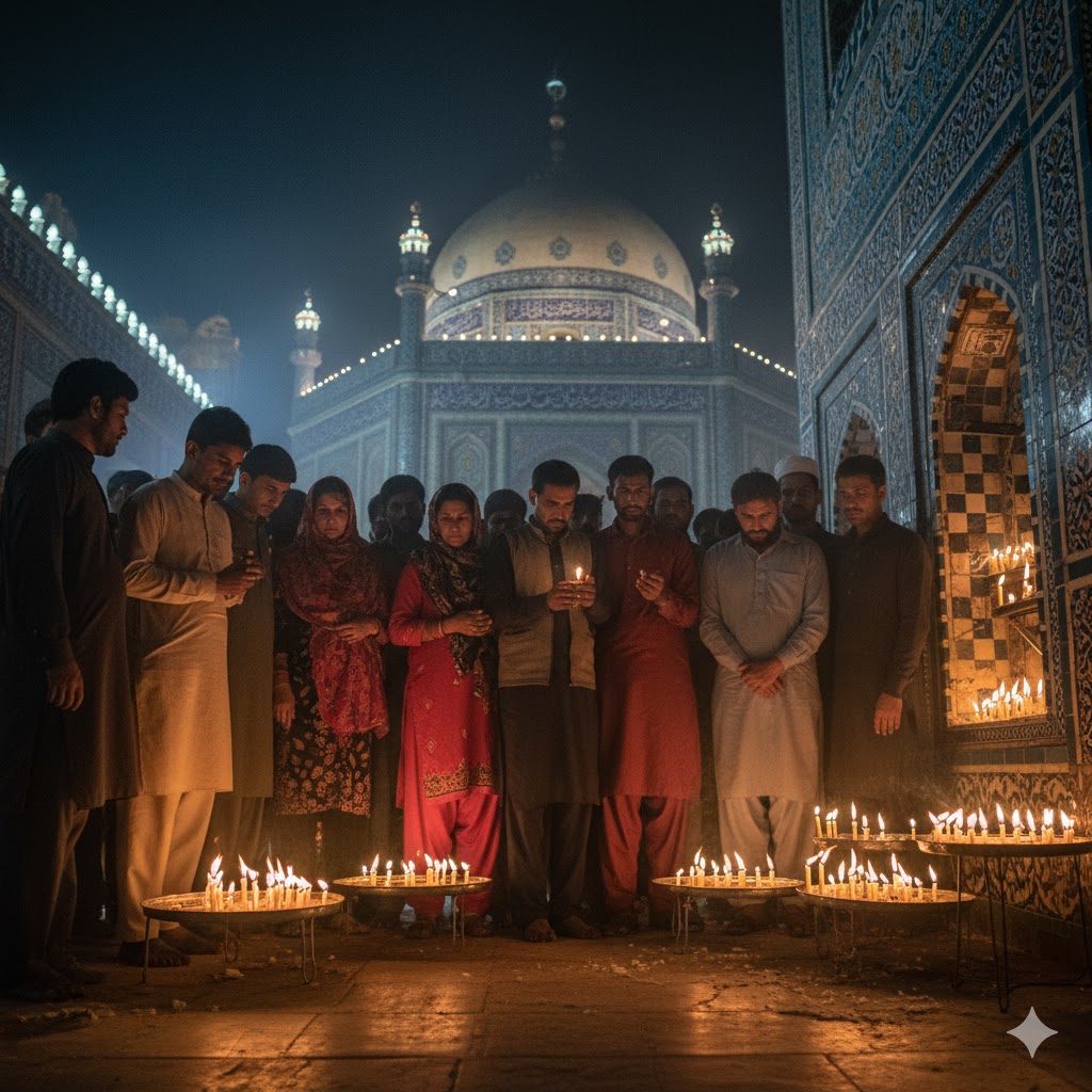 Pilgrims lighting candles during the Urs festival at Shah Rukn-e-Alam Shrine in Multan, Southern Punjab