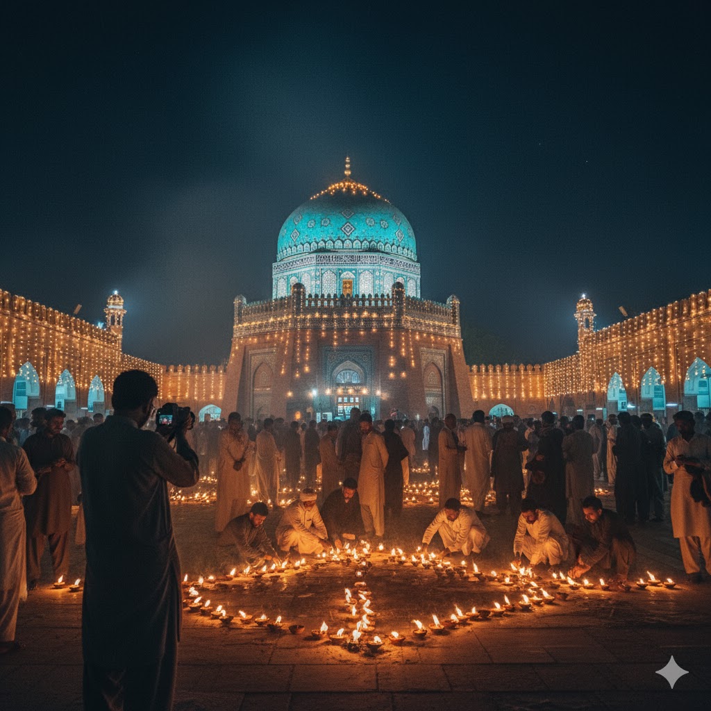 Pilgrims lighting lamps outside a Sufi shrine during Urs festival in Multan