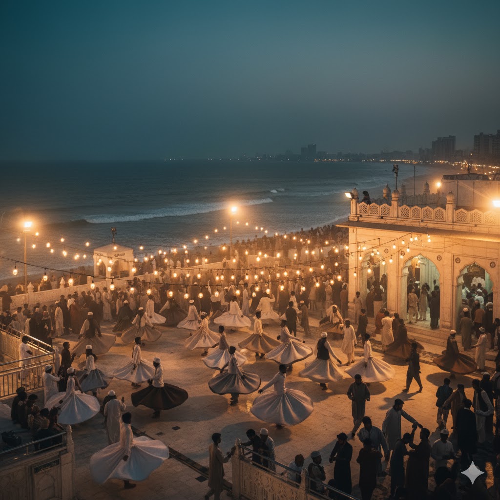 Pilgrims performing evening dhamaal at Abdullah Shah Ghazi Shrine overlooking Clifton Beach in Karachi.