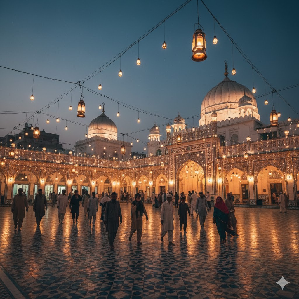 Pilgrims walking through the tiled courtyard of Makhdoom Nooh Shrine in Hala as evening lanterns glow.