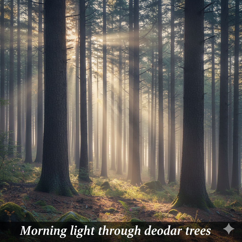 Pine forests at dawn – Morning light through deodar trees