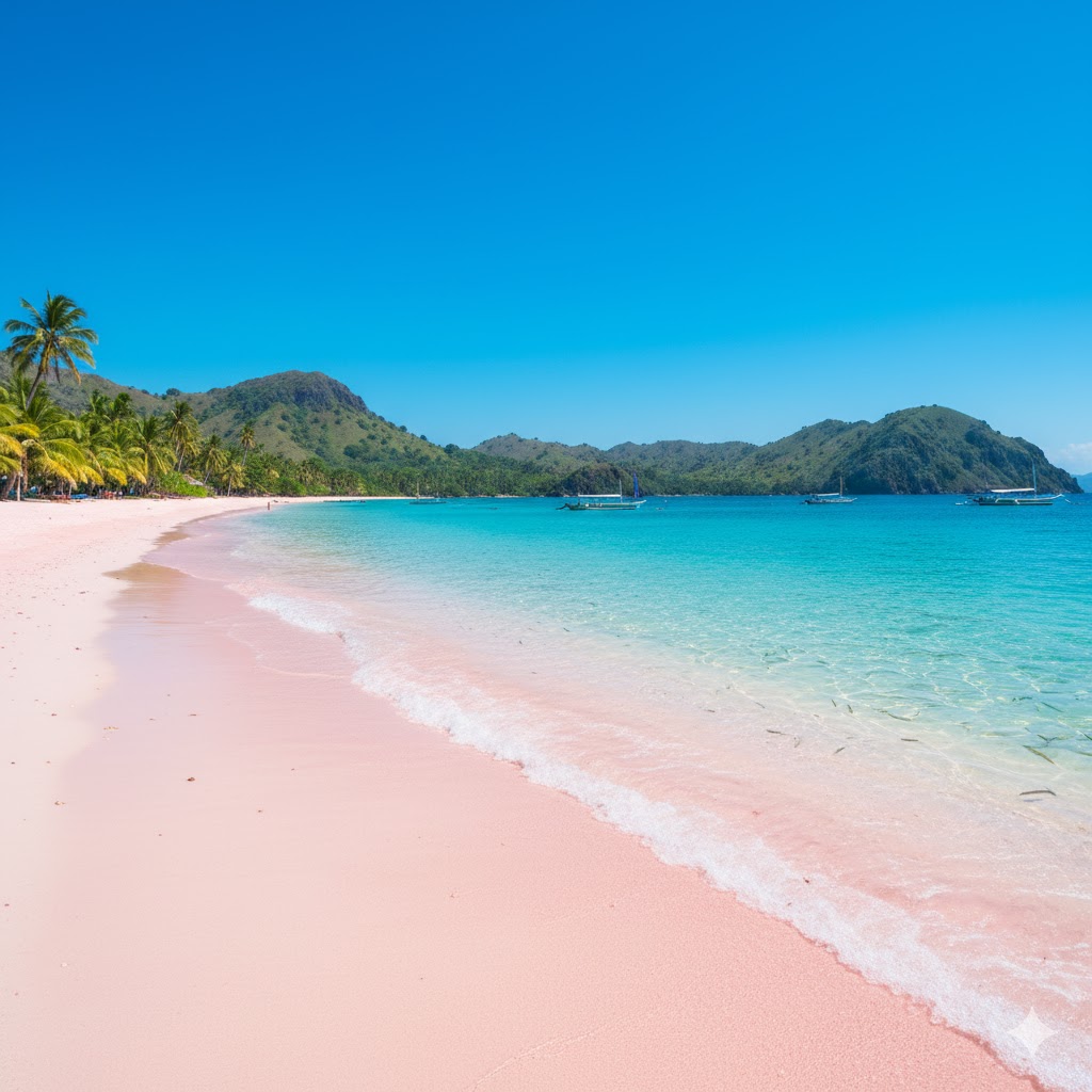 Pink Sand Beach on Komodo Island with pastel coral sands meeting turquoise blue waters under bright skies. 