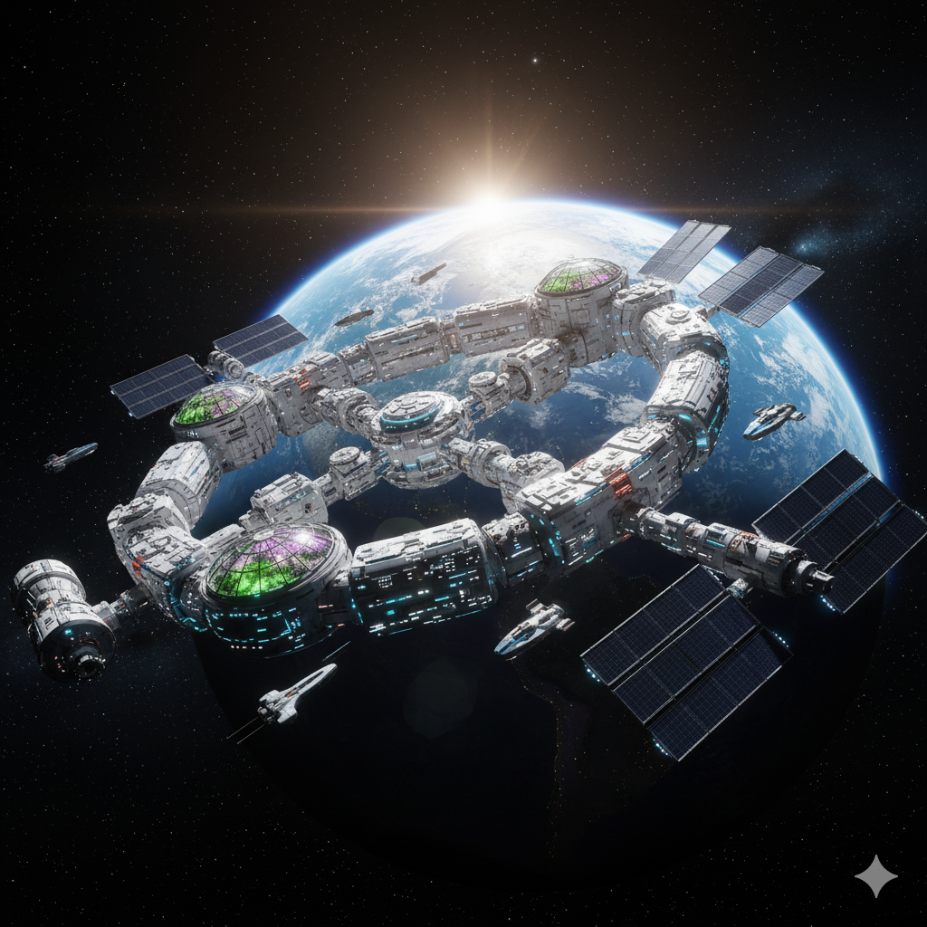Pioneer Station concept with futuristic modules orbiting Earth