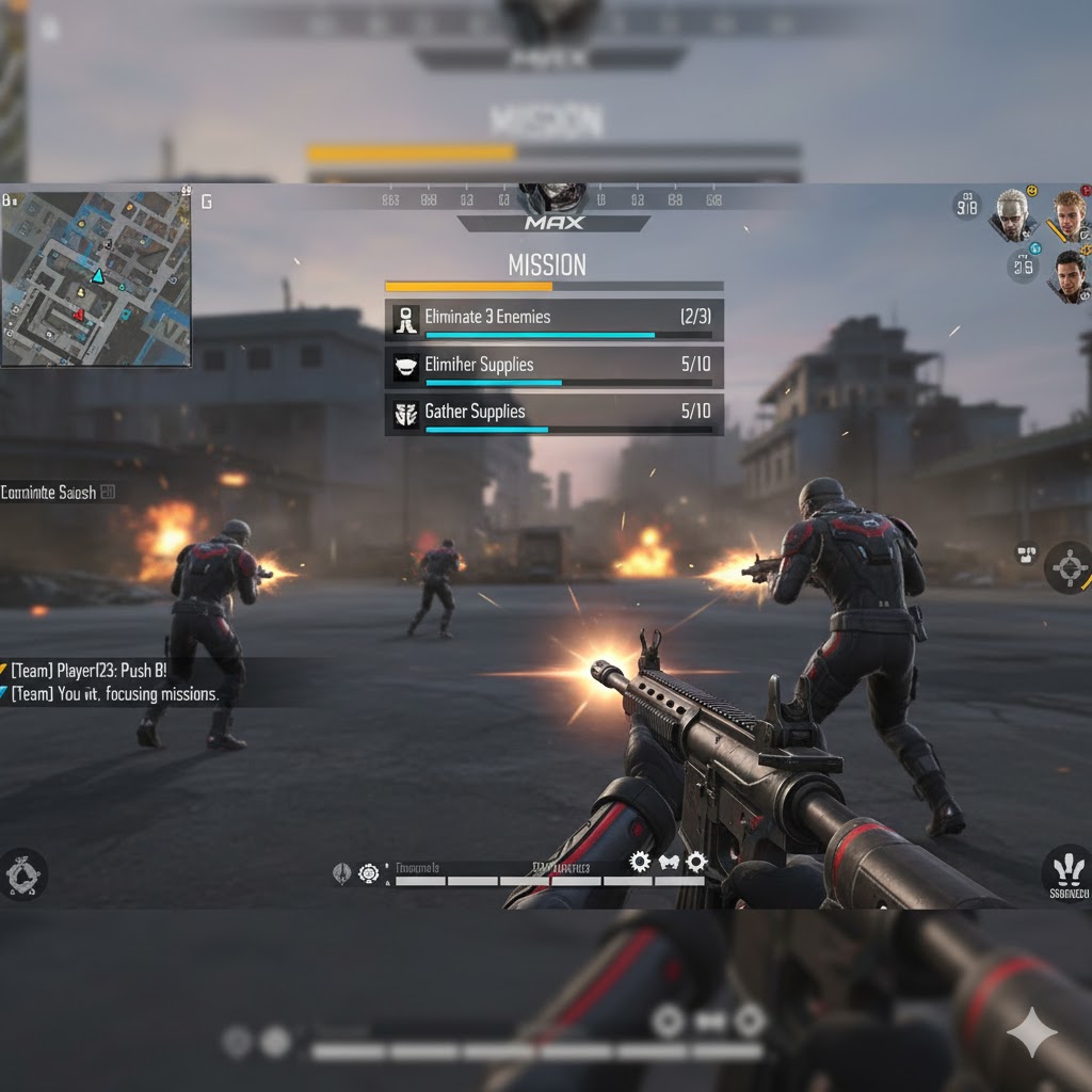  Player in Free Fire Max playing squad mode focusing on missions.