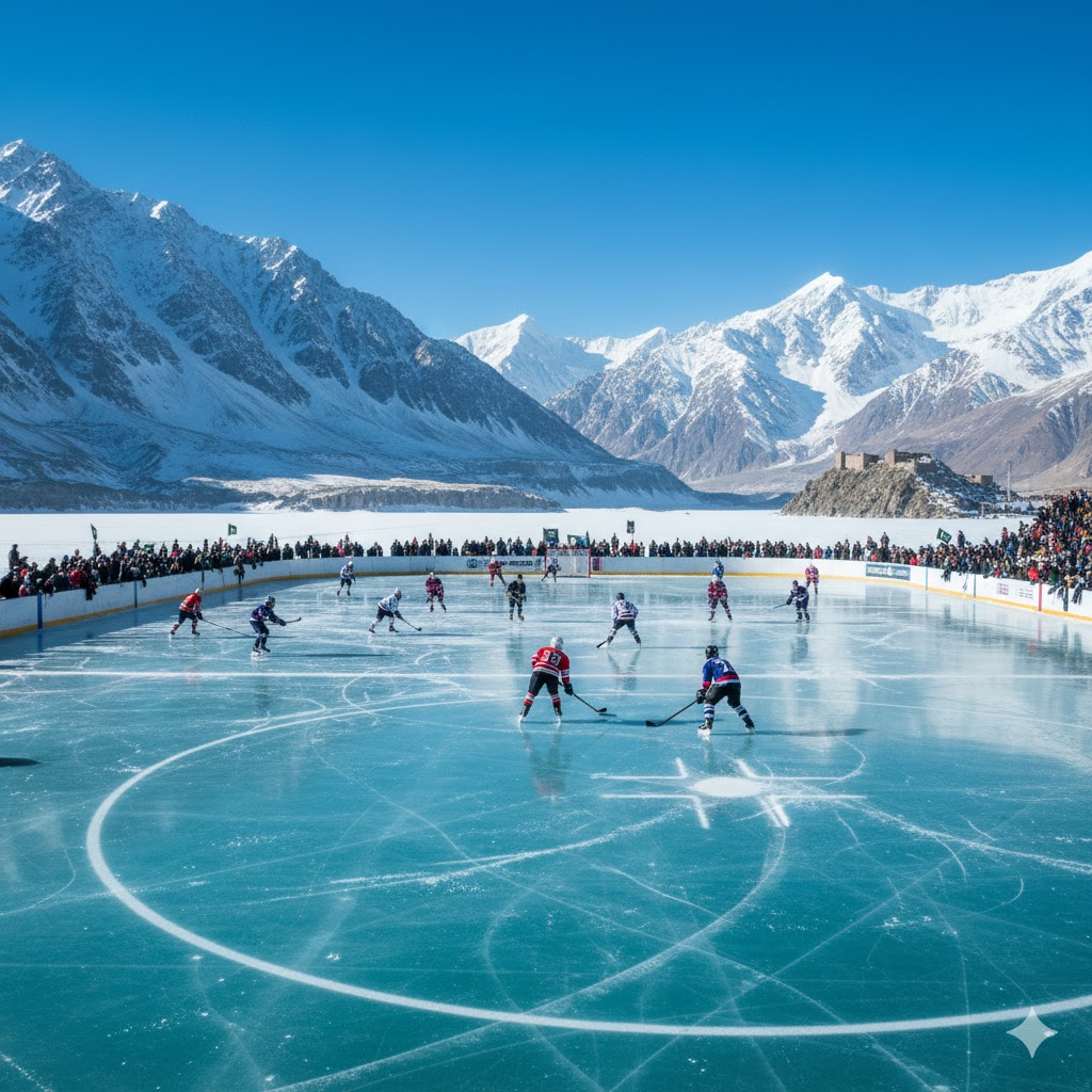 Players competing in an ice hockey match on frozen Attabad Lake in Hunza, with mountains reflecting on icy surface.