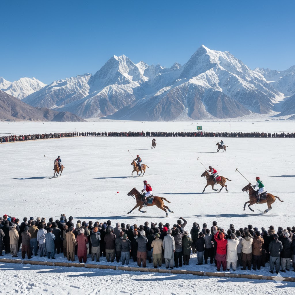 Players on horseback competing in Shandur Snow Polo under clear blue skies with snow-covered mountains in the background.