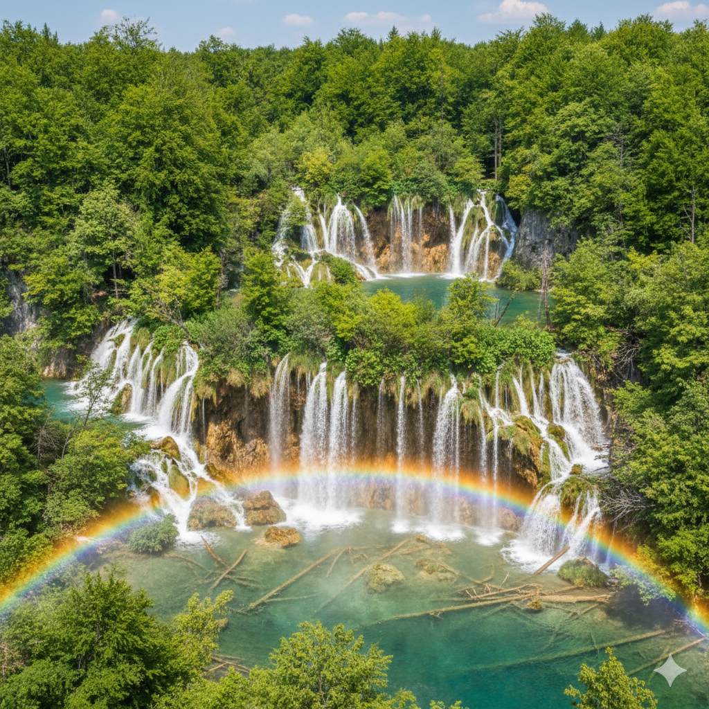 waterfall exclusive rainbow Plitvice Lakes Croatia sunlight spray