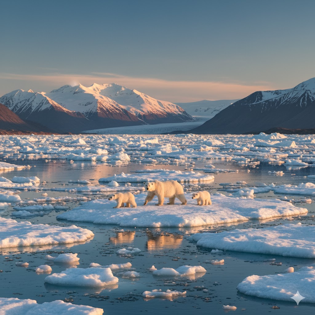 polar bears crossing drifting ice floes under golden Arctic light in Svalbard, Norway: