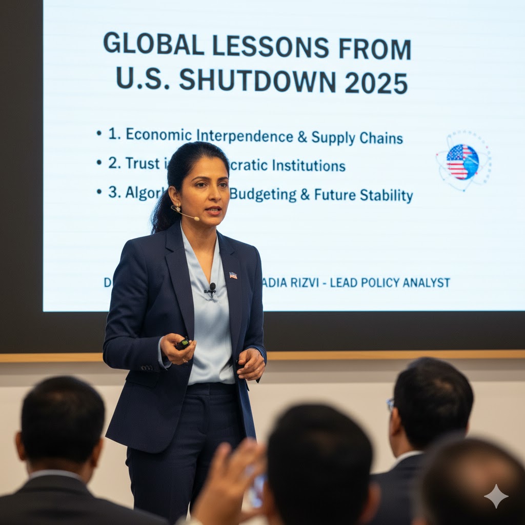 Policy analyst Dr. Nadia Rizvi discussing global lessons from U.S. shutdown 2025