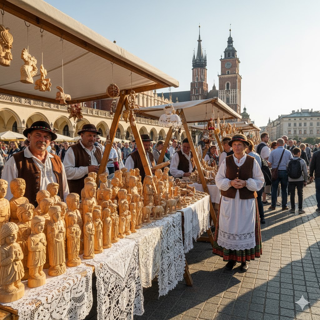 Polish craftsmen selling folk woodcarvings and lacework in Kraków Square